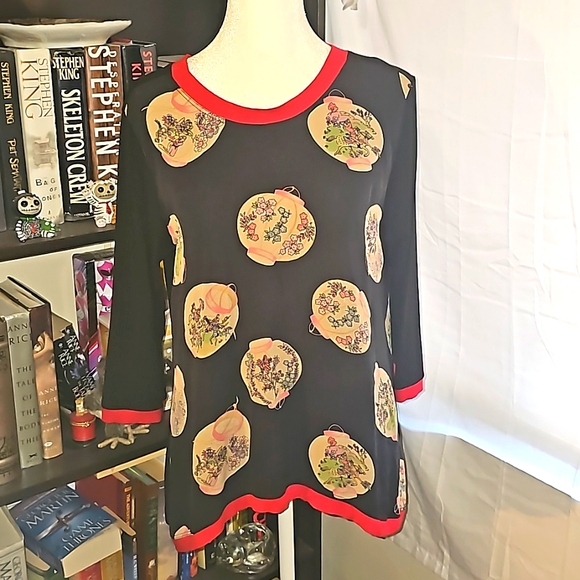 Harari silk blend top festive lantern print 1/2 sleeve pullover blouse I0